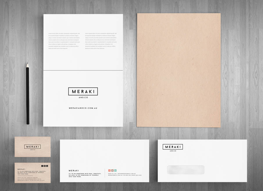 meraki and co. - Gold Coast Logo, website and Letterhead and Stationary Design